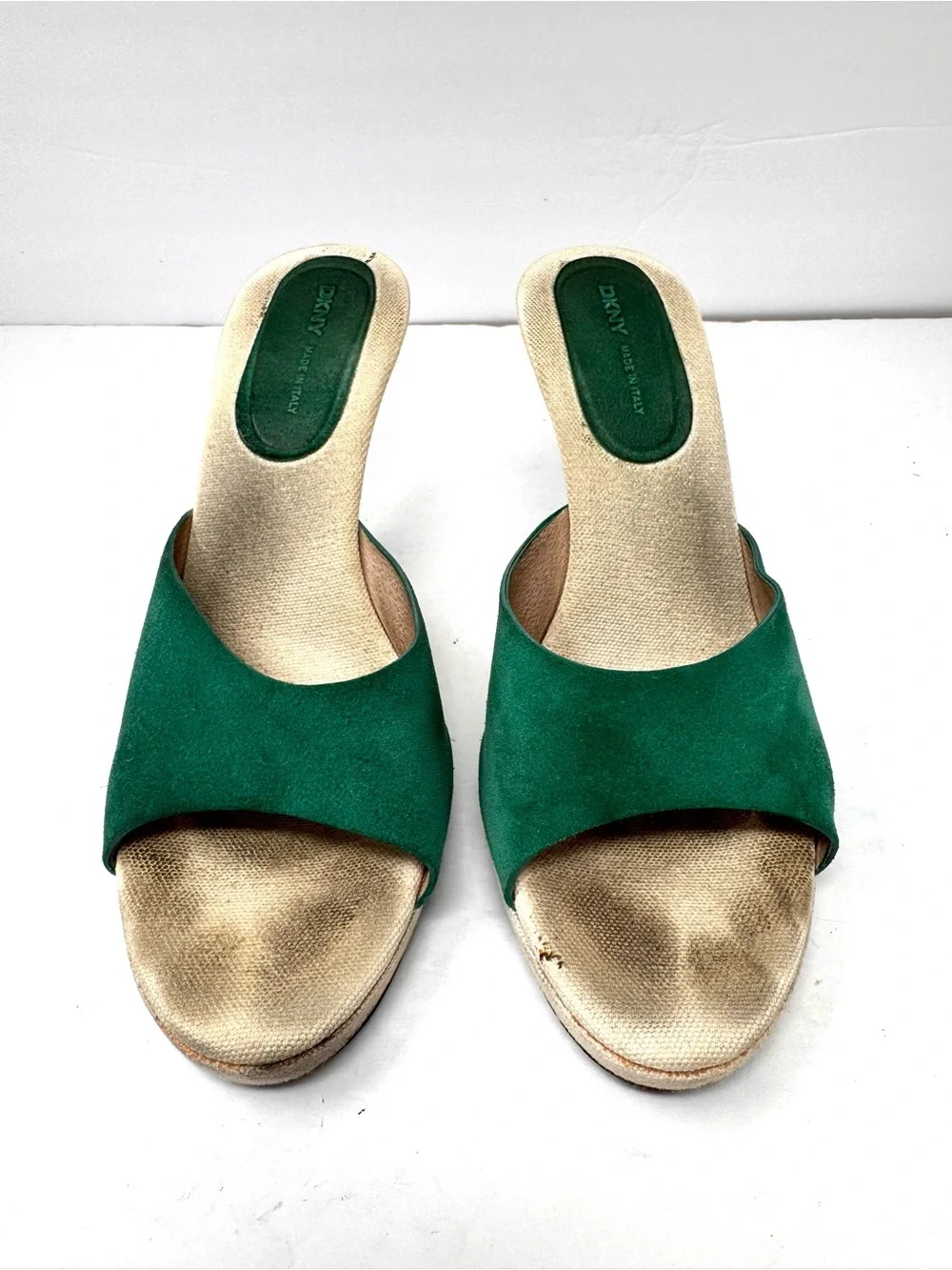 DKNY green suede peep toe wedges, made in Italy, size 8.5